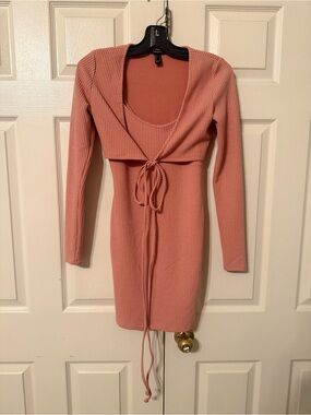 Forever 21 Dusty Rose Ribbed Tie-Front Long Sleeve & Bodycon Dress (2 pieces)